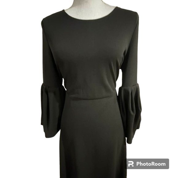 Flattering A-line Midi Little Black Dress with Flouncy Sleeves - Picture 15 of 16